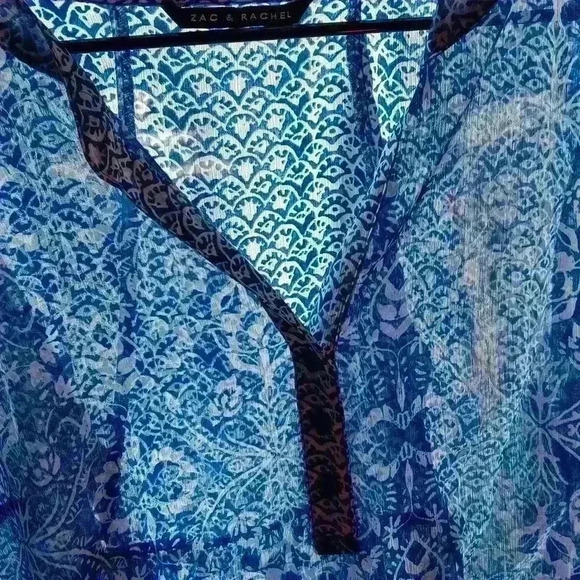 Womens L tunic boho cottage core hippie sheer blue white geo print blouse - Picture 7 of 7